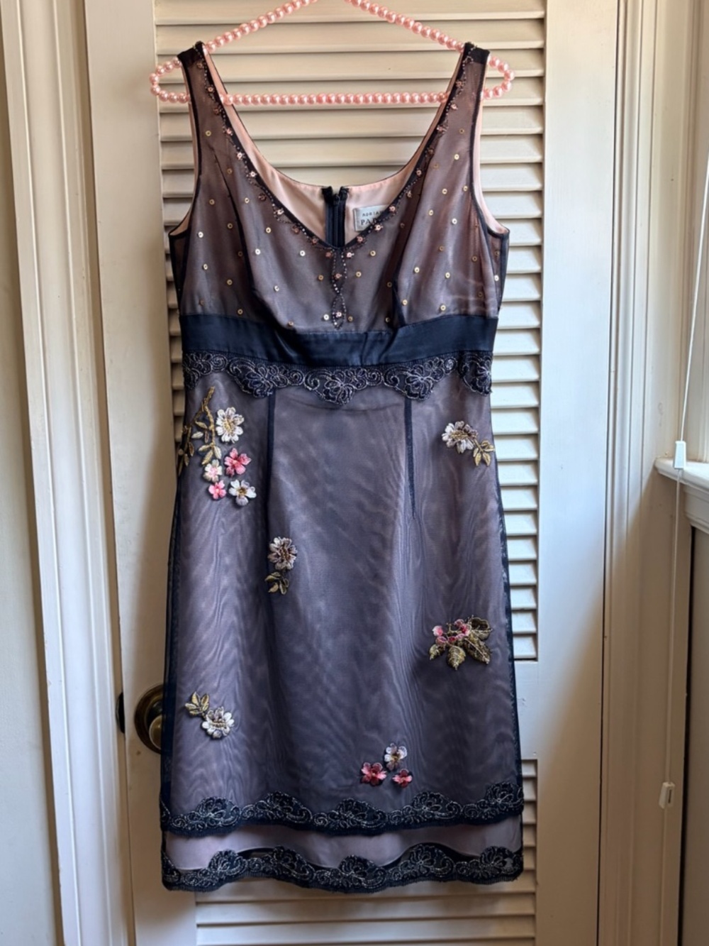 Black Mesh Floral Embroidered Empire Waist Cocktail Midi Dress